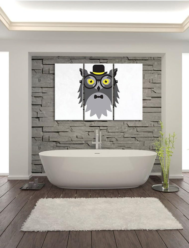 Pixxprint Hipster Eule / 3-Teilig/Gesamtmass 120cm Leinwandbild bespannt auf Holzrahmen/Wandbild Kun