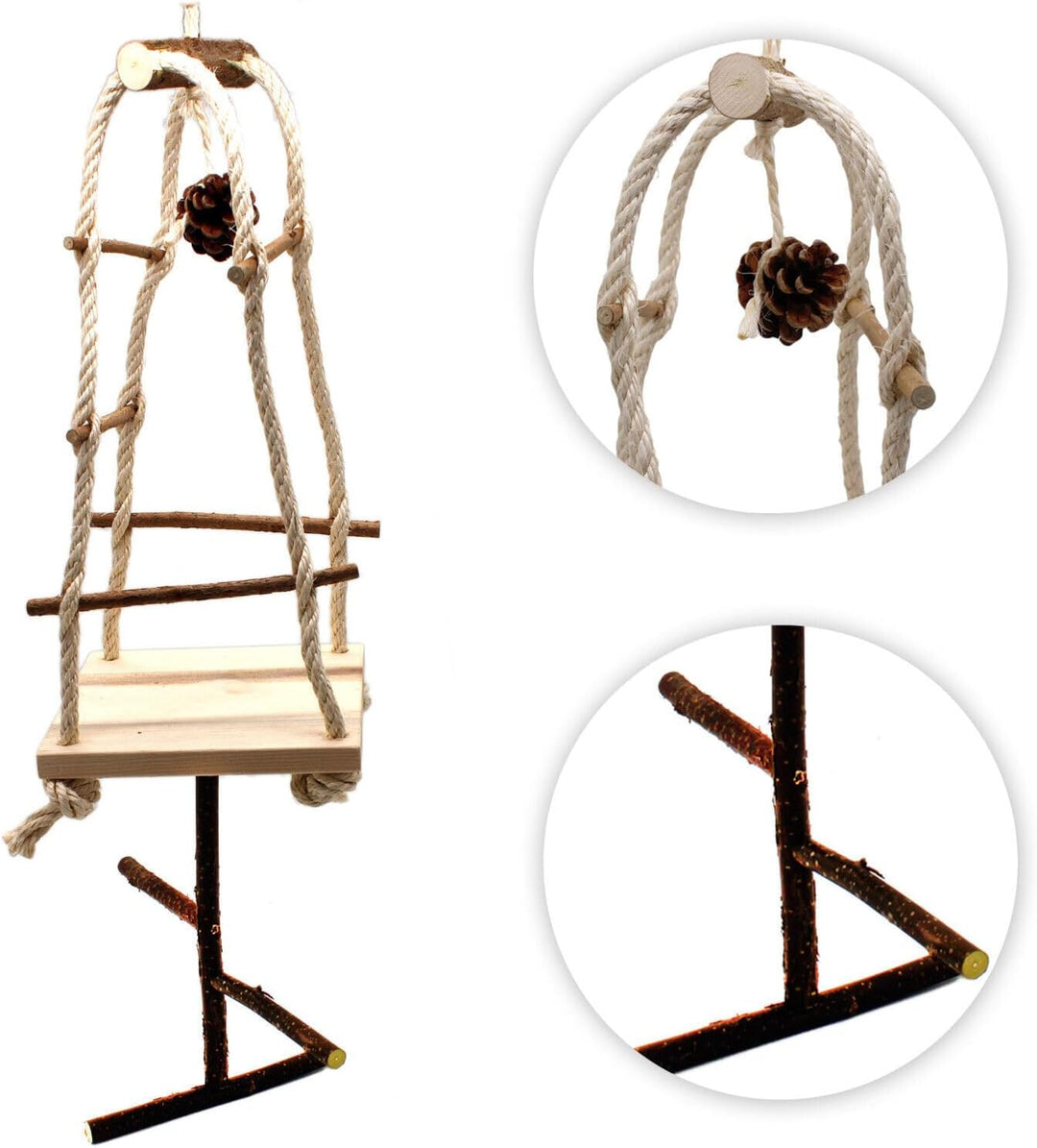 Vogelgaleria® Wellensittich Spielplatz – XXL Vogelschaukel hängend 70cm aus Naturholz, Freiflug &amp; Kl