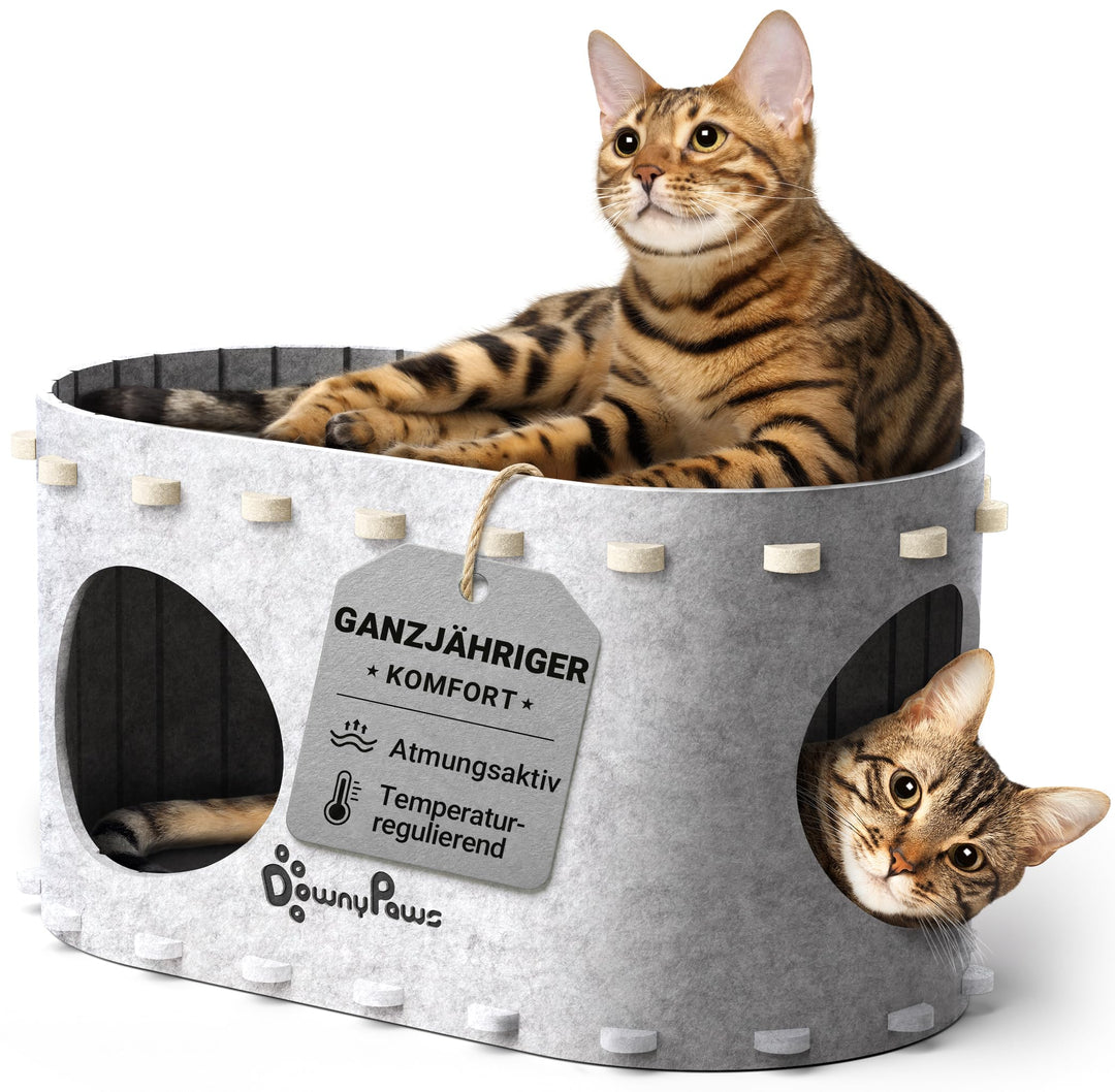 DownyPaws Katzenhöhle Filz, Katzenhaus aus Filz, Katzenbett, Katzenhöhle für Katzen, 58 x 33 x 30cm,