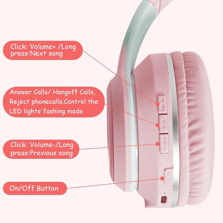 Kinder Bluetooth Kopfhörer, Katzenohr LED Lichter, Bluetooth 5.3 Stereo, Verstellbares Kopfband, 85d