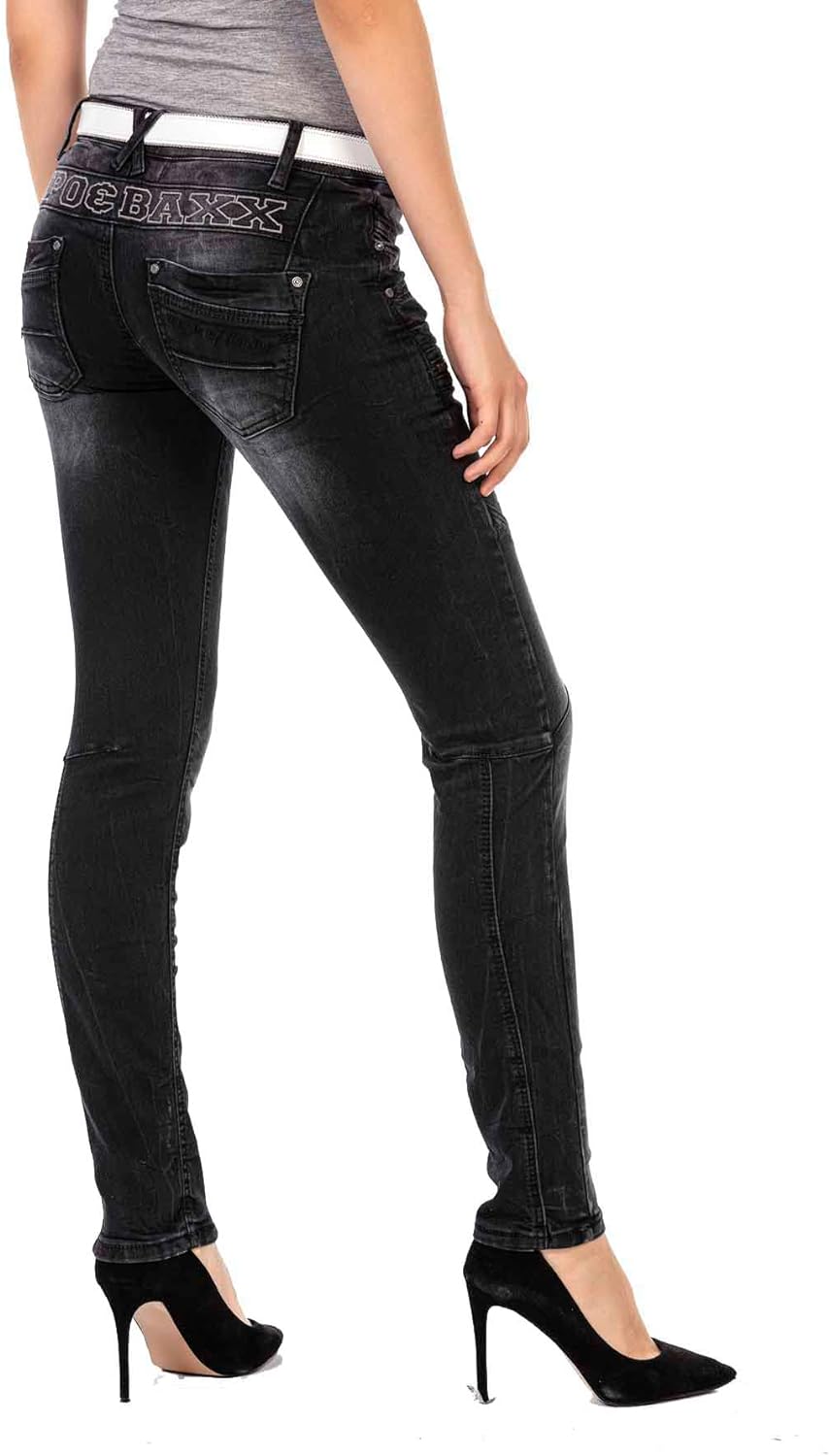 Cipo & Baxx Damen Slim Fit Jeanshose Ausgefallen Freizeit Hose Reissverschluss WD437 Schwarz W27 L34