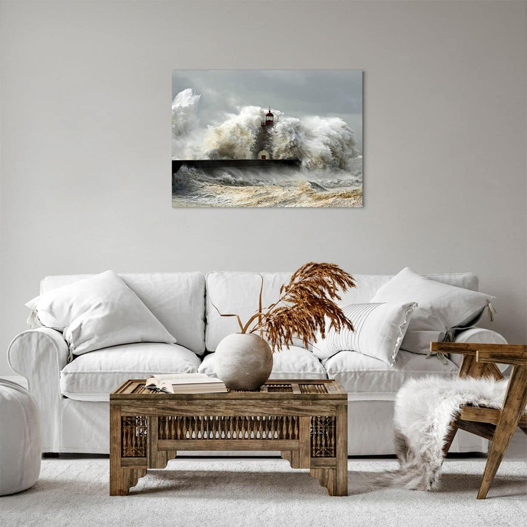 ARTTOR Bilder auf Leinwand Leuchtturm Ozean Sturm Leinwandbild 70x50cm Wandbilder Dekoration Wohnzim