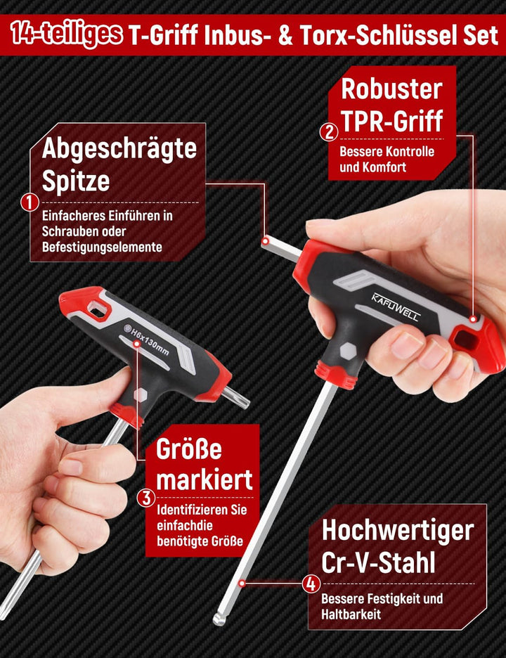 14-tlg Inbusschlüssel und Torx-Schlüssel-Satz T-Griff, metrisch Sechskant H2-H10, Torx-Schlüssel TX1