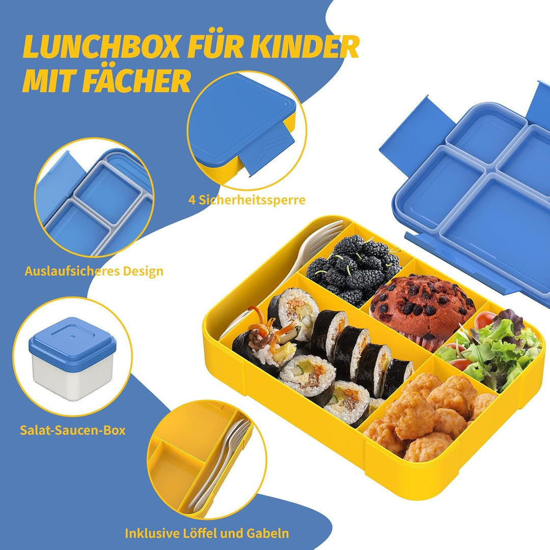 Brotdose Kinder mit Fächern 1300ml, Lunchbox für Kinder, Bento Box mit 5 Fächern Besteckset, auslauf