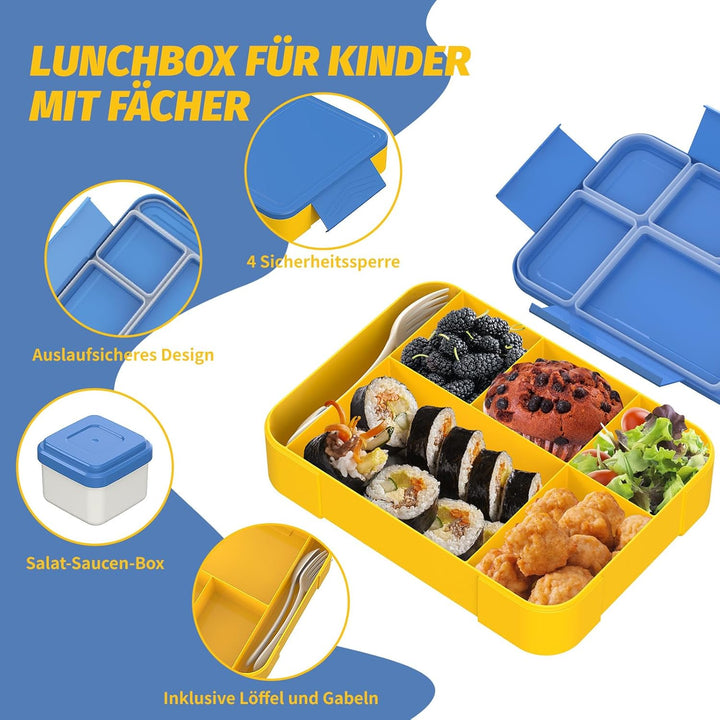 Brotdose Kinder mit Fächern 1300ml, Lunchbox für Kinder, Bento Box mit 5 Fächern Besteckset, auslauf