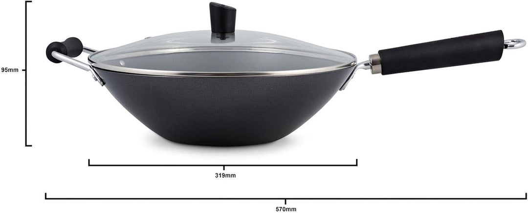 Ken Hom Wok Set 13-tlg. Induktion aus Karbonstahl antihaftbeschichtet mit Glasdeckel - grosse Stielw
