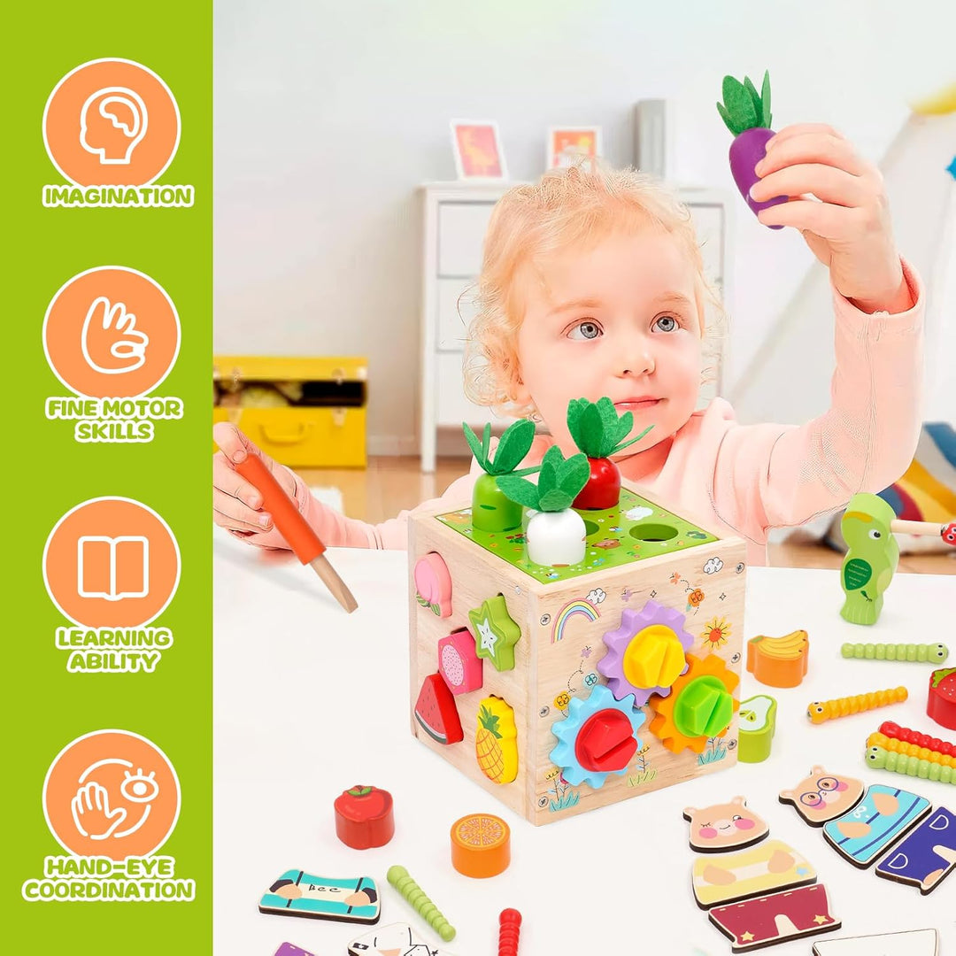 5 in 1Montessori Motorikwürfel,Activity Cube,Steckwürfel enthalten Formen zuordnen, Karotten ernten,