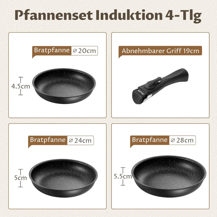 Fadware Pfannen-Set 4 tlg | 20+24+28 cm | Bratpfannenset mit abnehmbarem Griff | Für alle Herdarten,