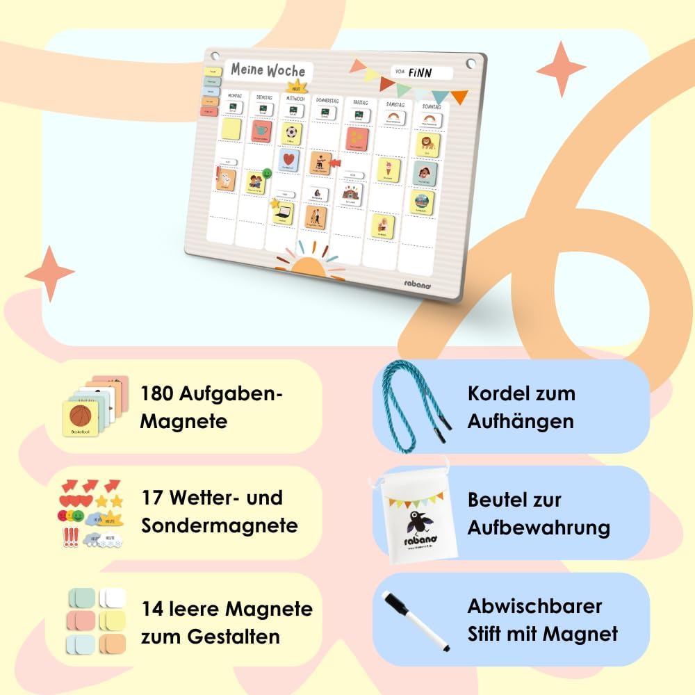 Wochenplaner für Kinder - [200 Magnete - ABWISCHBAR] - ADHS Hilfsmittel, System für Verantwortung un