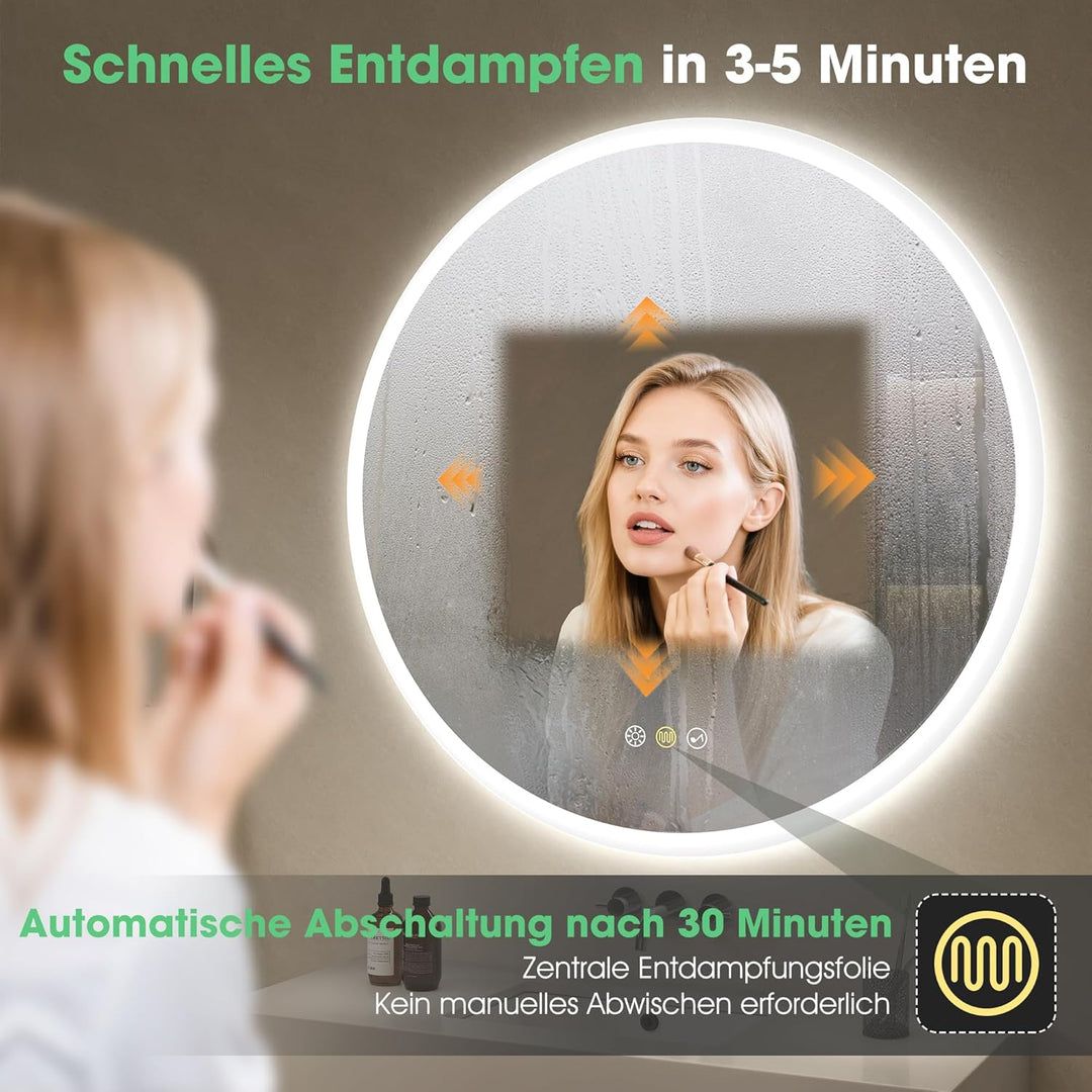 S'bagno Runder-Badspiegel-mit-Beleuchtung-90cm, Badezimmerspiegel-mit-Beleuchtung-und-Bluetooth, Ent