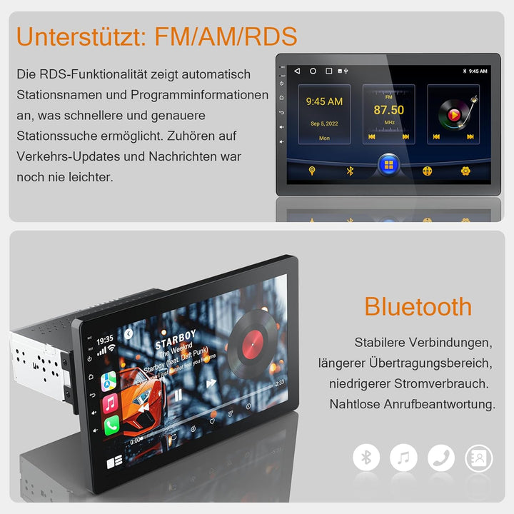 1Din Autoradio, mit 10.1 Zoll drehbar Bildschirm,Kompatibel mit Wireless Apple CarPlay und Android A