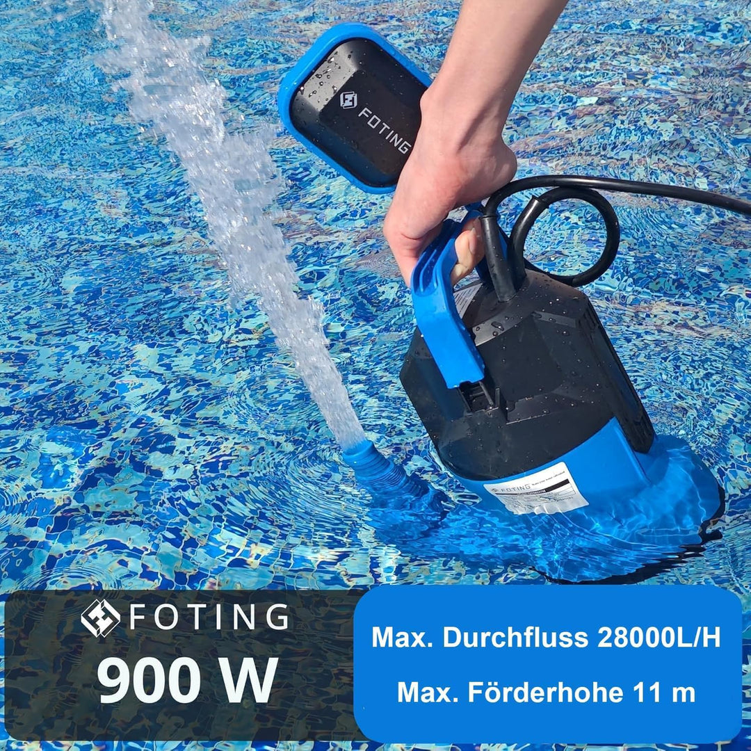 FOTING Schmutzwassertauchpumpe 900 W, 28.000 l/h, Förderhöhe bis 11 m, Eintauchtiefe bis 7 m, mit Sc