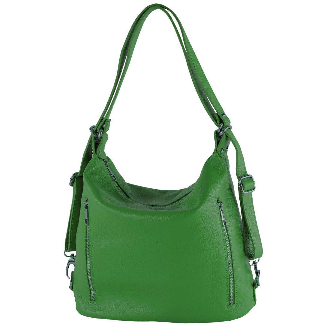 modamoda de - T249 - ital. Damen Rucksack Tasche 2 in 1 aus Leder Blattgrün, Blattgrün