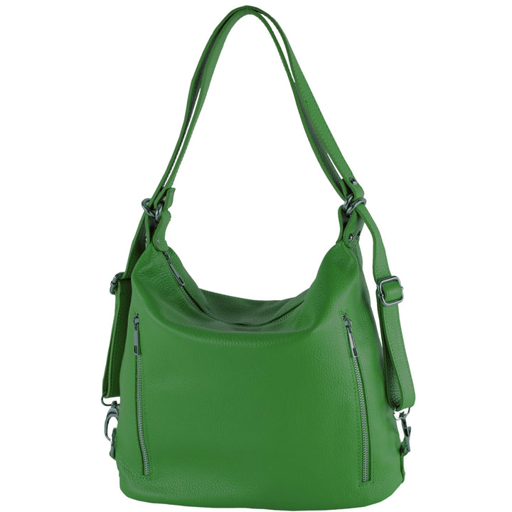 modamoda de - T249 - ital. Damen Rucksack Tasche 2 in 1 aus Leder Blattgrün, Blattgrün
