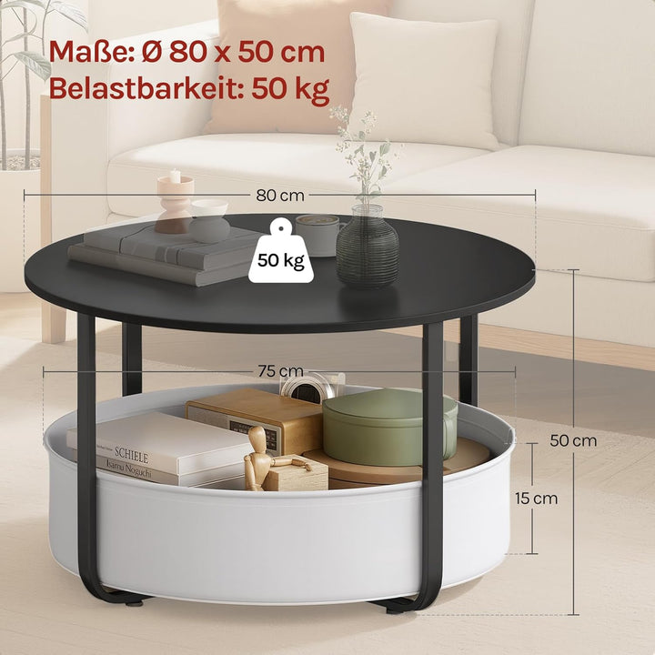 WOLTU Runder Couchtisch Ø 80 x H 50 cm, Nachttisch mit Aufbewahrungskorb, aus PB-Platte + Metall + S