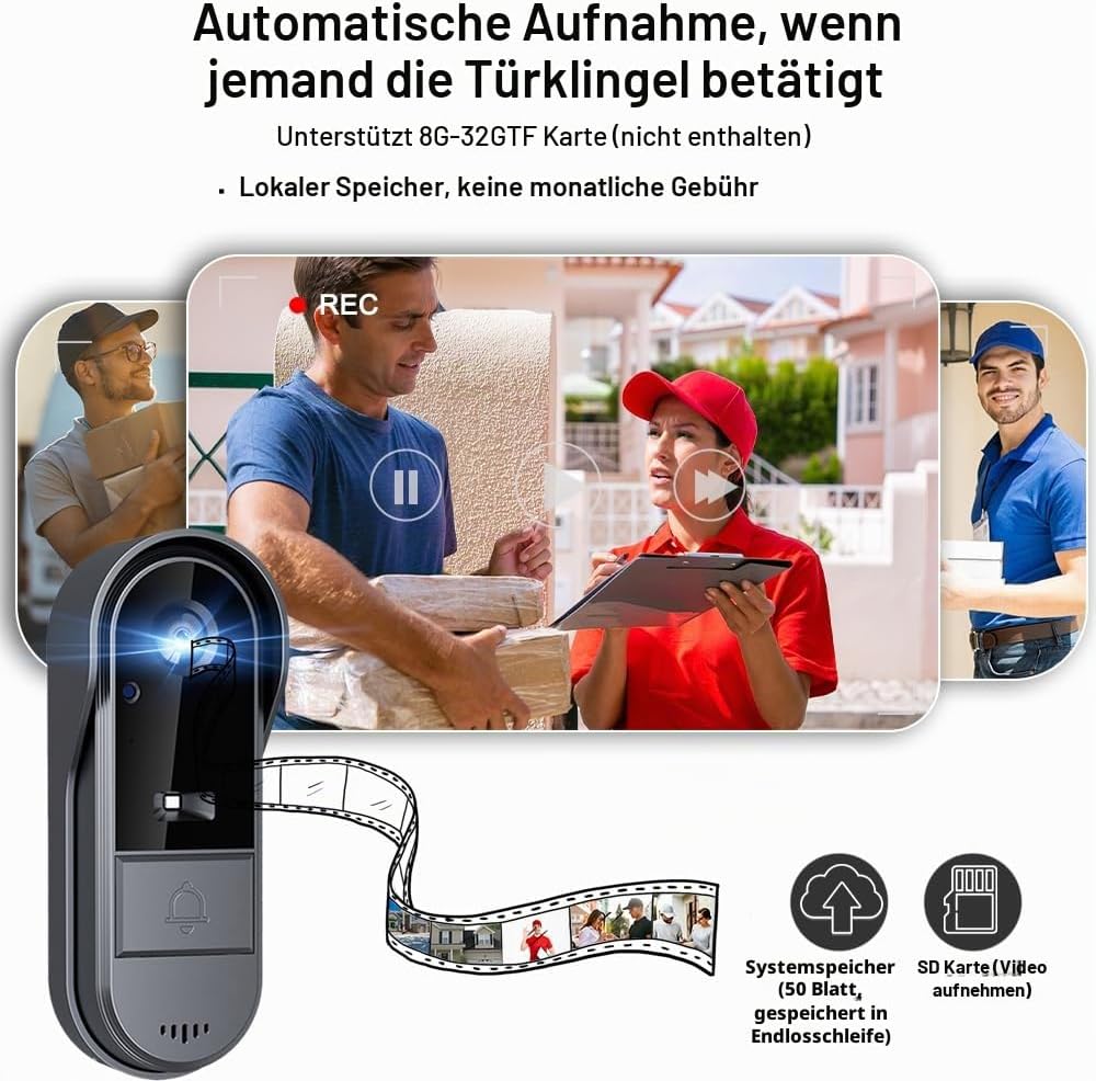 Drahtlose Videoklingel mit Kamera 1080P Funkklingel Aussen Wasserdicht Kabellos Türklingel mit 4,3 Z