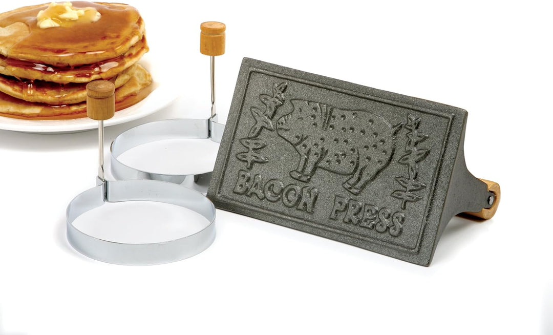 Norpro Bacon Press & Egg/Pancake Rings 3 Piece Cast Iron 6.75"X4" Wooden Handle