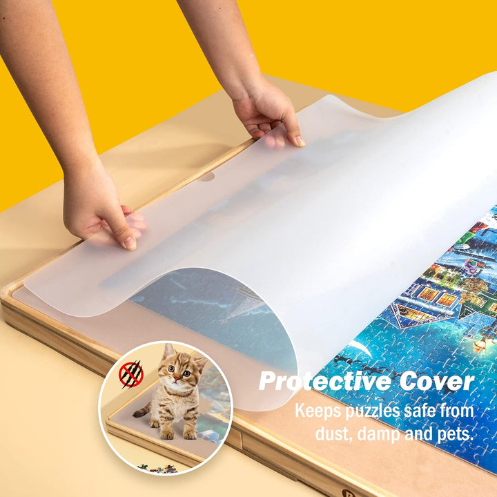 Becko US Puzzle Board with Cover & 6 Press Open/Close Drawers, Wooden Jigsaw Puzzle Table with Color