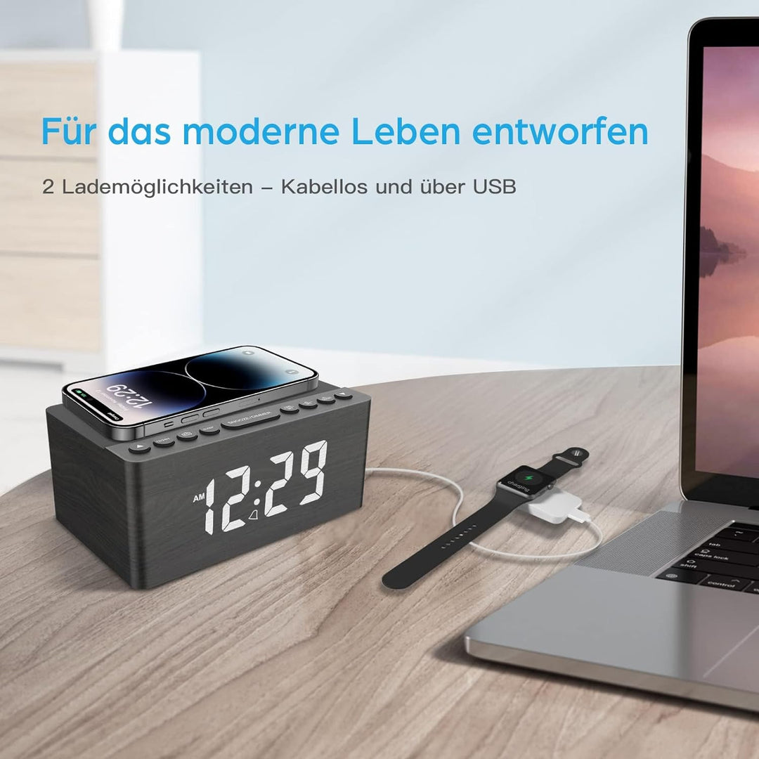 ANJANK Radio wecker Digital mit kabelloses Laden,10W Fast Wireless Charger for iPhone/Android Phone,