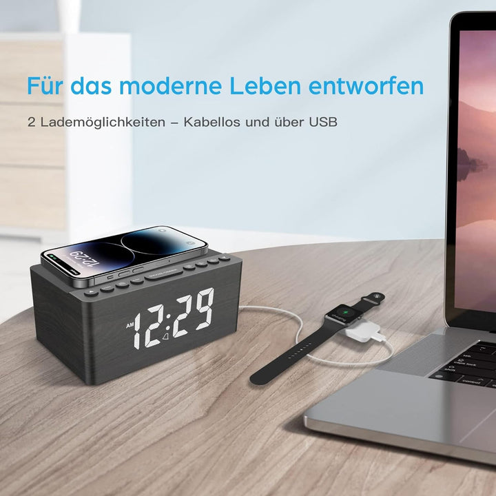 ANJANK Radio wecker Digital mit kabelloses Laden,10W Fast Wireless Charger for iPhone/Android Phone,