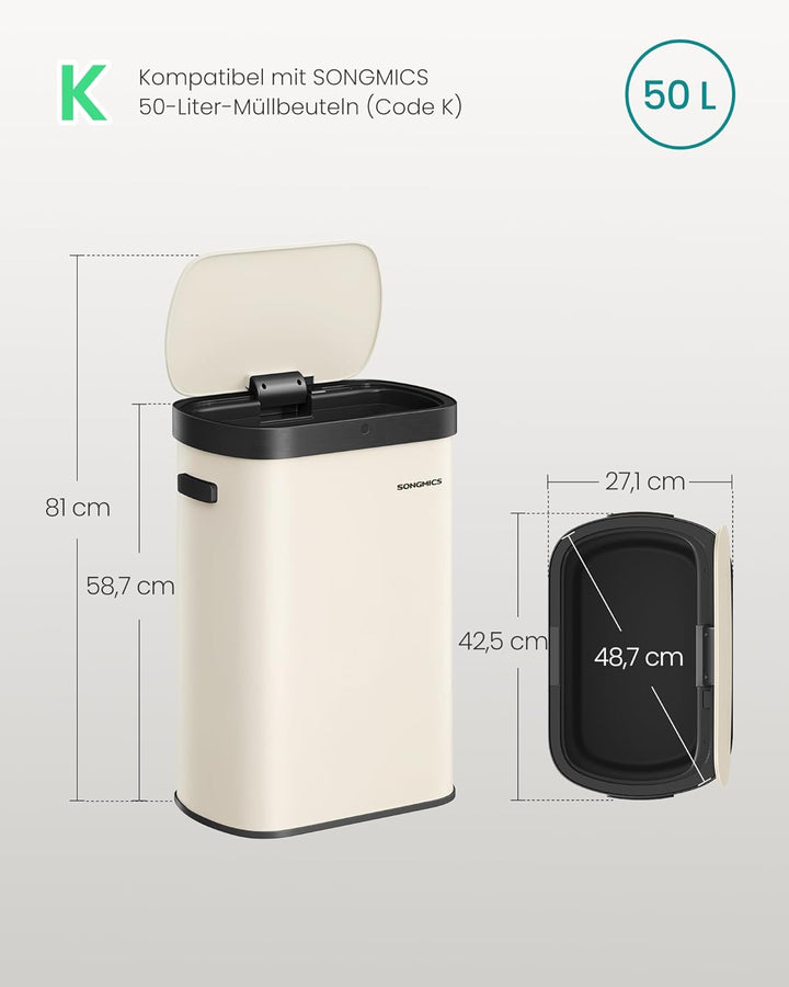 SONGMICS Mülleimer mit Sensor, automatischer Abfalleimer 50 L, Öffnen per Handbewegung oder Berühren