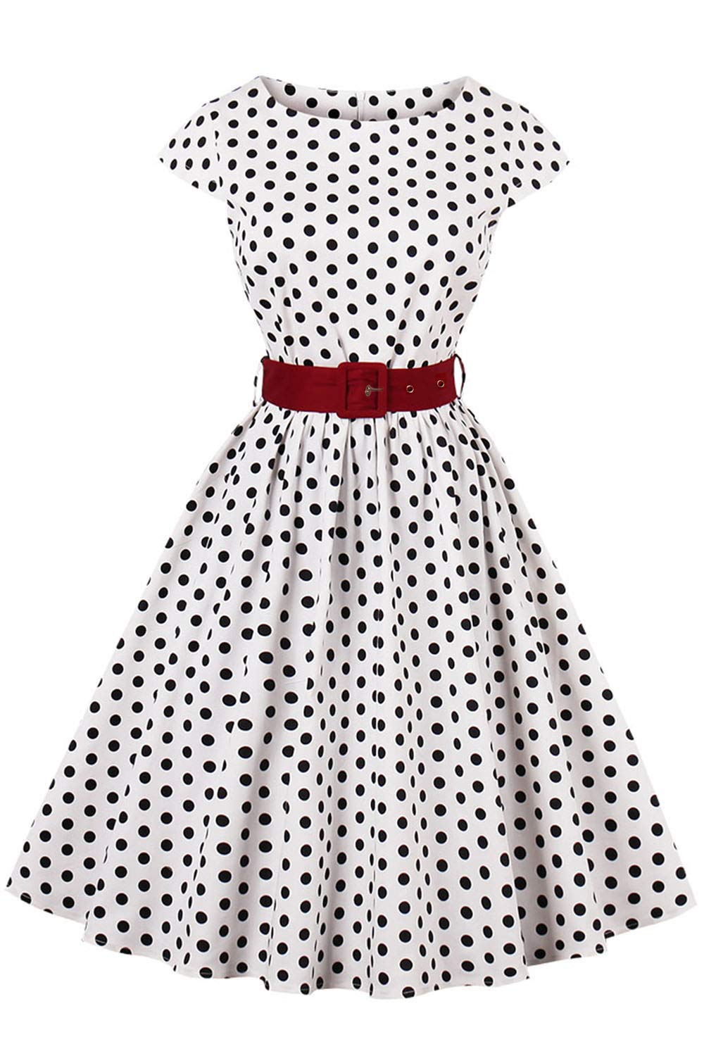AXOE Damen Vintage Kleid 50er Jahre Baumwolle Gürtel S Weiss, S Weiss