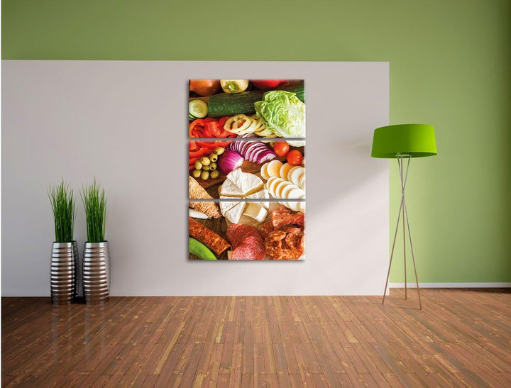 Pixxprint Brot Brötchen Frühstück Bäcker Milch Weizen 3-Teiler Leinwandbild 120x80 Bild auf Leinwand
