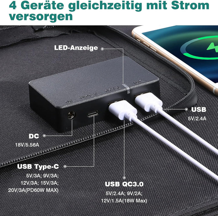 SWAREY Faltbares Solarpanel 100W Monokristallines Solar Ladegerät mit 2 USB-Anschluss, 18V DC Ausgan