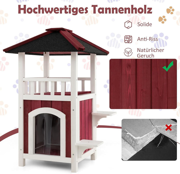 FANTASK Katzenvilla draussen Winterfest, Katzenhütte Holz für Katzen, atzenhaus mit 2 Etagen, Katzen