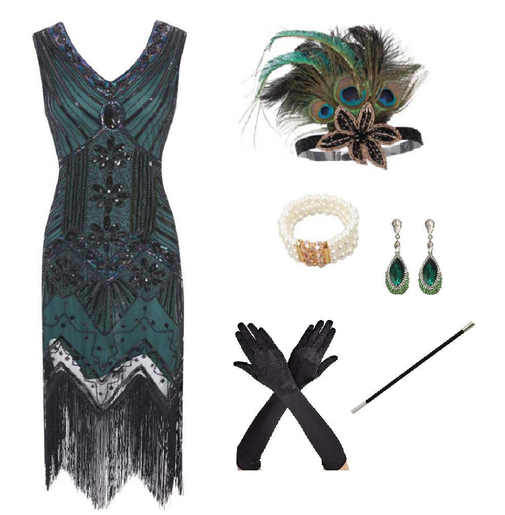 MIMIKRY 20er Jahre Charleston Flapper Damen-Kostüm Grün/Schwarz Pailletten-Kleid mit Fransen und 5-t