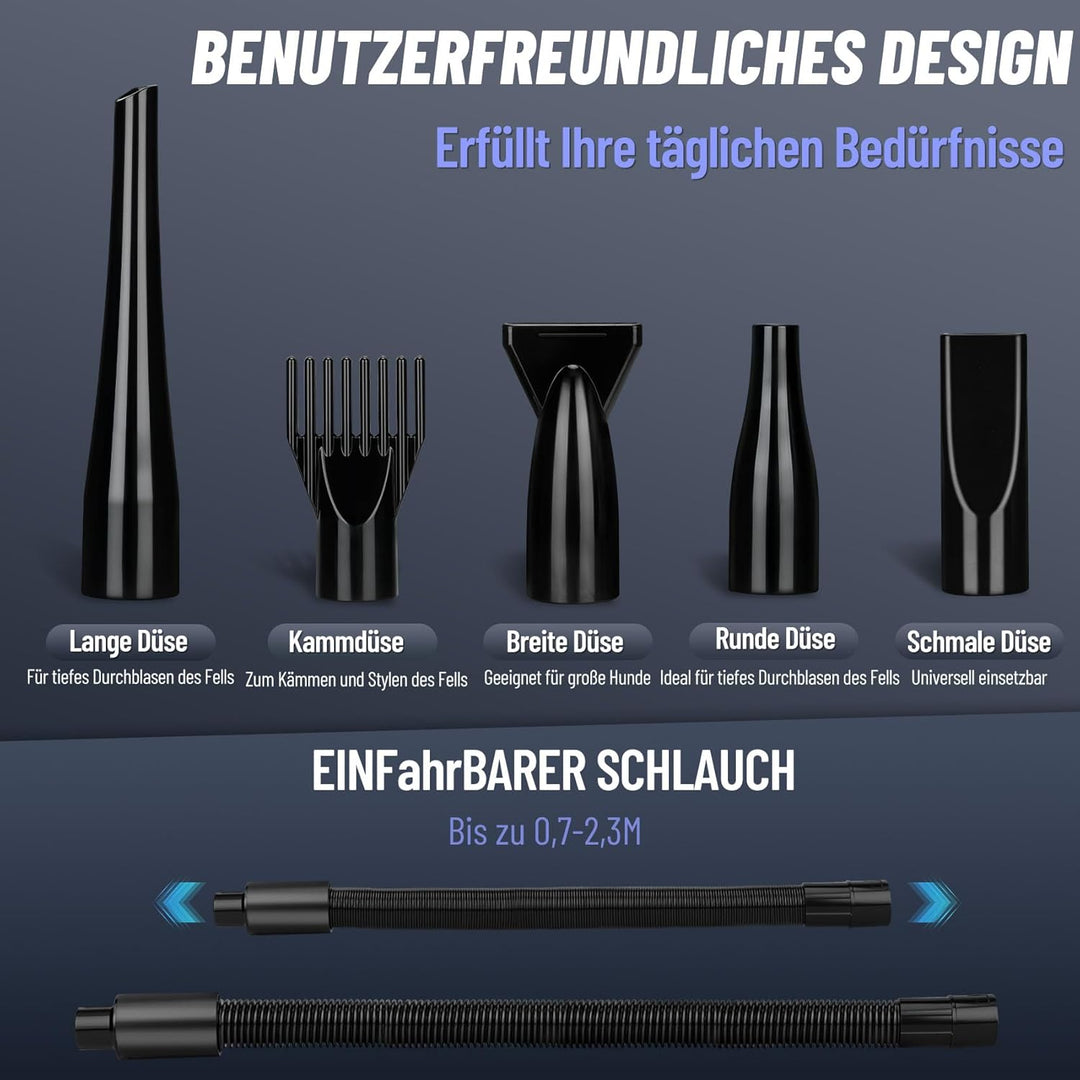 Hundefön 4,3PS/3200W mit 3 Temperaturstufen, stufenlos regelbarem Luftstrom und 5 Aufsätzen – Profes