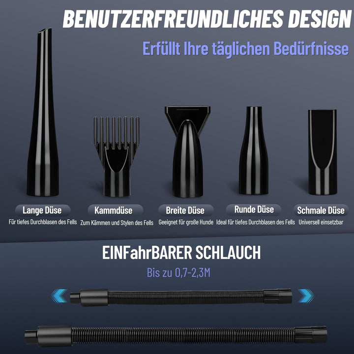 Hundefön 4,3PS/3200W mit 3 Temperaturstufen, stufenlos regelbarem Luftstrom und 5 Aufsätzen – Profes
