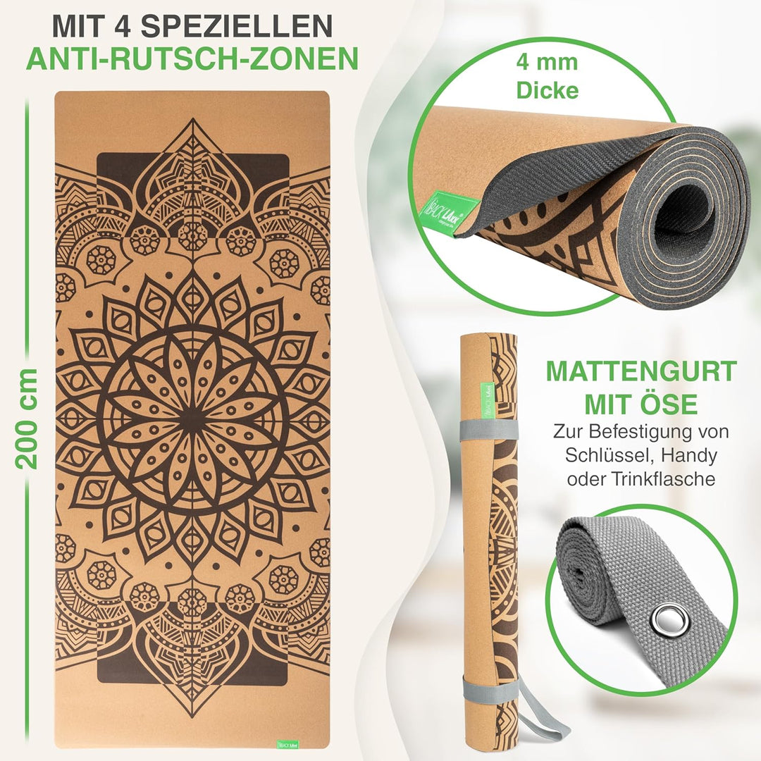 BACKLAXX ® Yogamatte Kork XXL [50% mehr Fläche] mit Naturkautschuk | Yoga-Matte rutschfest | nachhal