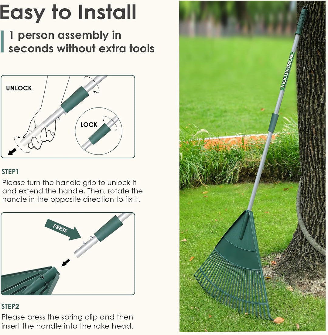 ORIENTOOLS Garten Laubrechen, Garten Rechen für Rasen Laub mit verstellbarem Griff 120 bis 165 cm Re