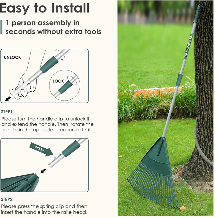 ORIENTOOLS Garten Laubrechen, Garten Rechen für Rasen Laub mit verstellbarem Griff 120 bis 165 cm Re