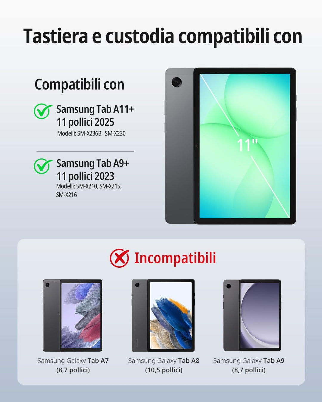 CACOE Drehbare Hülle mit Tastatur für Samsung Galaxy Tab A9 Plus 11 Zoll mit Touchpad, 7-Farbige Bel