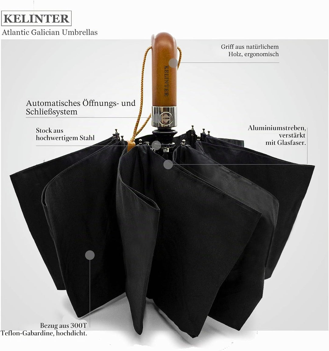 Regenschirm mit Holzgriff, Winddicht, zusammenklappbar, mit automatischem Öffnen und Schliessen, Tef