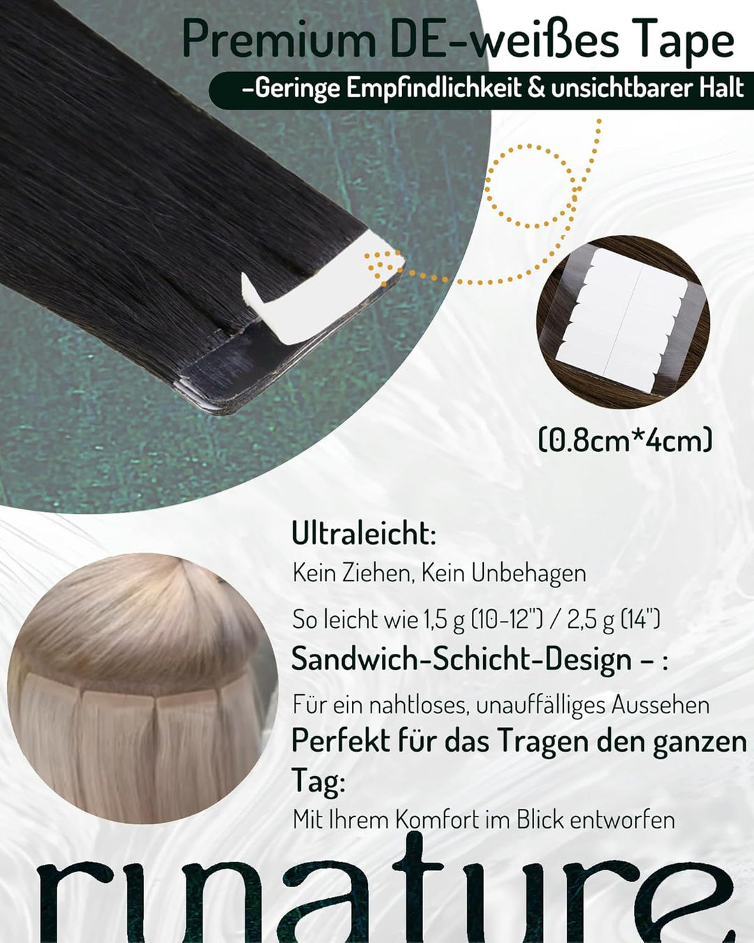RUNATURE Remy Tape in Extensions Echthaar Schwarz 35cm Unsichtbar Menschenhaar Extensions Tape in Ec