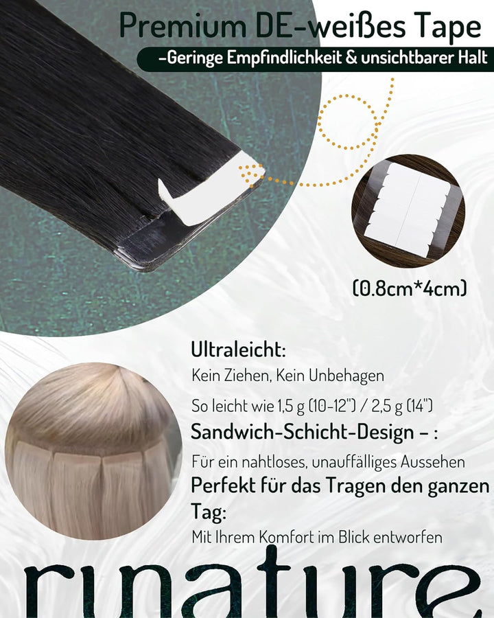 RUNATURE Lang Tape in Extensions Echthaar 60cm/24 Zoll Schwarz Remy Haarverlängerung Tape Echthaar 2