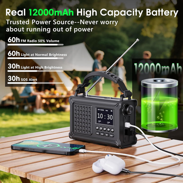 Kurbelradio DAB/UKW, Tragbare Solar Notfallradio mit 12000mAh Wiederaufladbare Powerbank, 2,4 "gross