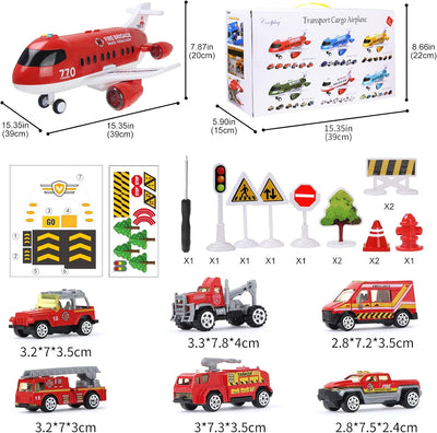 Coolplay Flugzeug Spielzeug Auto Set, 1 Gross Flugzeug 6 Feuerwehrauto mit Verkehrsschilder Spielzeu