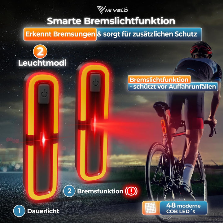 MIVELO Fahrradlicht Set mit Bremsanzeige - Fahrradlampe LED StVZO, IPX5 wasserdicht - Fahrradbeleuch