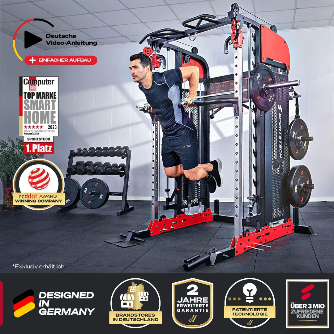 Sportstech SXM200 Smith Machine für Zuhause, Power Rack mit Kabelzug, Klimmzug, Langhantelstange, Be