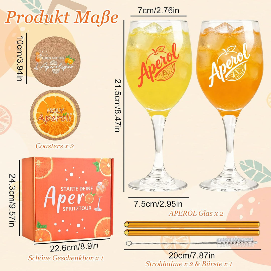 Aperol Geschenkset mit 2 Gläsern (430ml), Untersetzern, Trinkhalmen, Reinigungsbürste und Geschenkbo