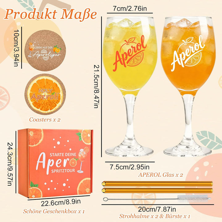 Aperol Geschenkset mit 2 Gläsern (430ml), Untersetzern, Trinkhalmen, Reinigungsbürste und Geschenkbo