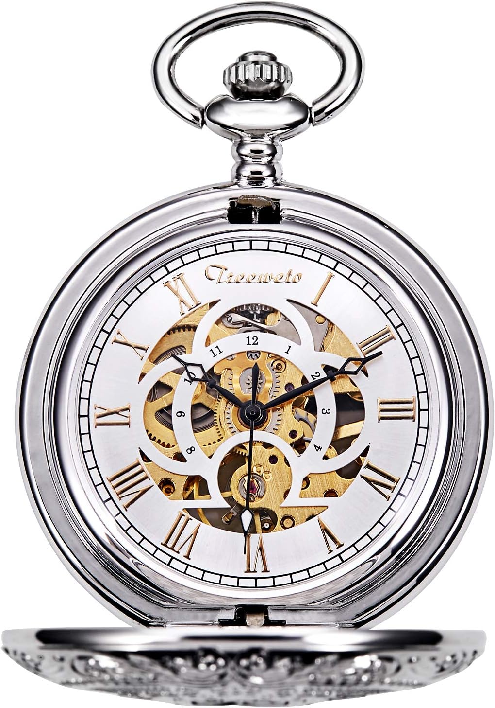 TREEWETO Unisex Taschenuhr mit Kette Analog Handaufzug Antik Graviert Römische Silber/Gold/Schwarz,