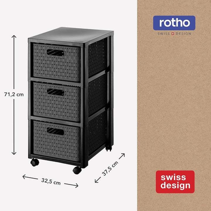 Rotho Country Rollcontainer mit 3 Schubladen in Rattan-Optik, Kunststoff (PP) BPA-frei, anthrazit, 3