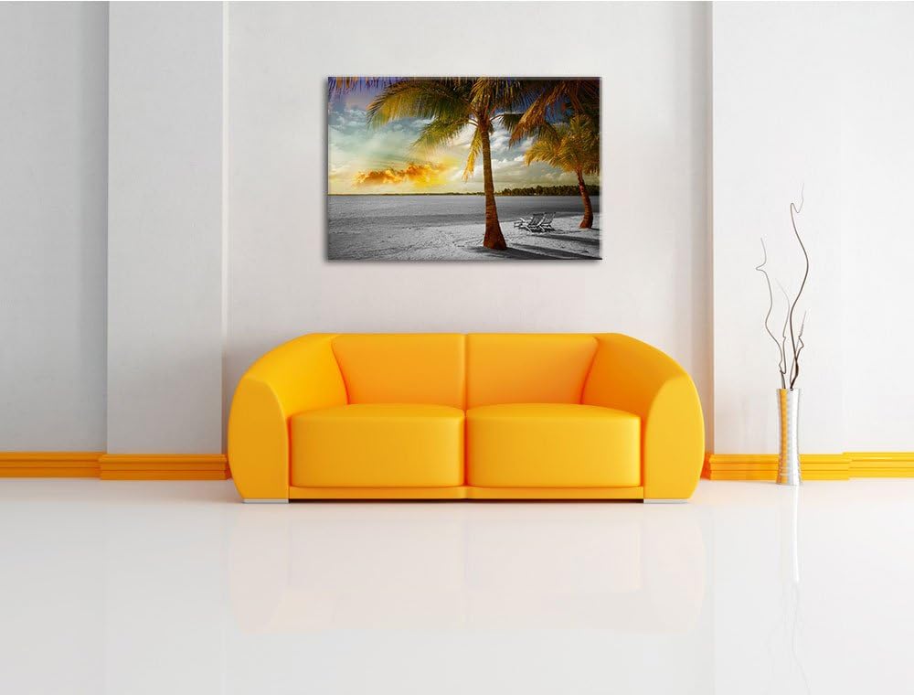 Liegestühle am Strand mit Palmen schwarz/weiss Format: 100x70 auf Leinwand, XXL riesige Bilder ferti