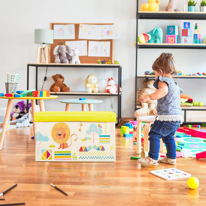 Relaxdays Sitzbox Kinder, Faltbare Aufbewahrungsbox mit Stauraum, Deckel, Motiv Tiere, Jungen &amp; Mädc