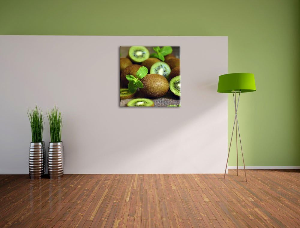 Pixxprint Kiwis auf Holztisch als Leinwandbild | Grösse: 70x70 cm | Wandbild | Kunstdruck | fertig b